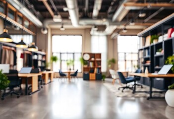 Blur focus modern, contemporary and fashion office interior. Front view of an open space office interior. Bokeh background for meeting and presentation, ai