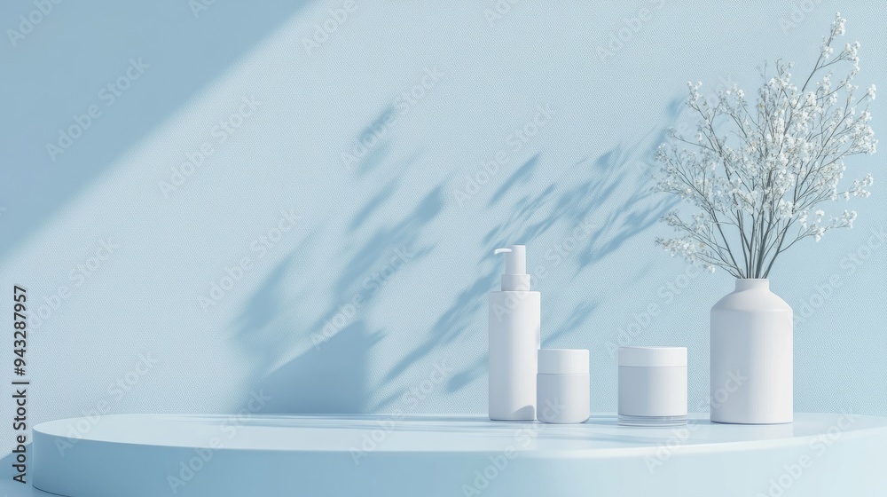 Poster 3D rendering of a minimalist product display background for skincare items in soft blue pastel tones