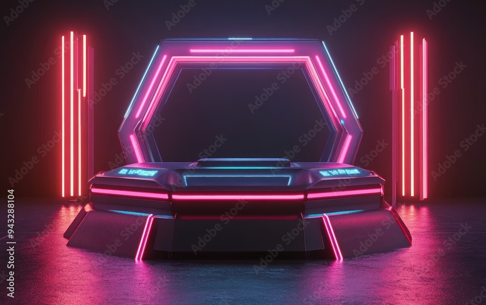 Aufkleber 3d illustration of a futuristic cyberpunk display featuring a sci fi gaming stage with a neon glow p