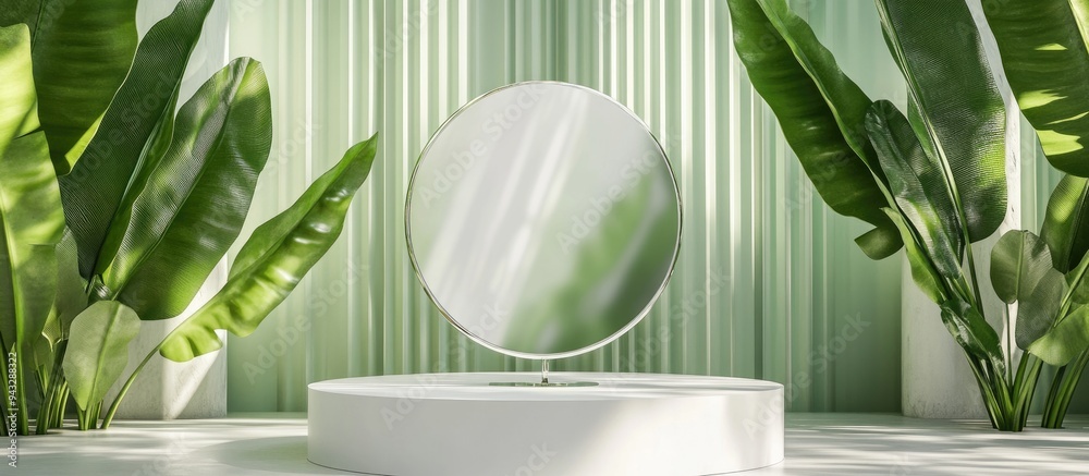 Aufkleber 3d render of an empty white circular display stand featuring a clear mirror effect and a reeded glas