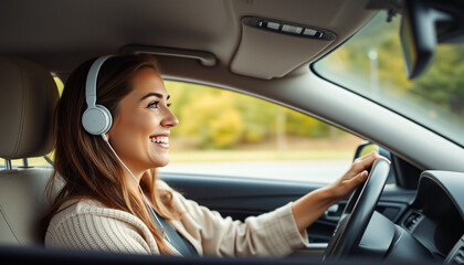 Naklejka premium Happy Lady Enjoying Music While Driving Alone in a Car