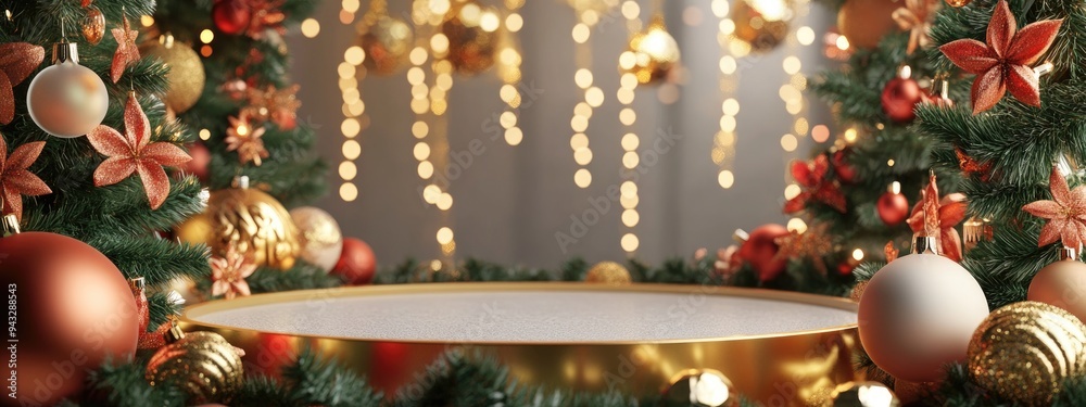 Poster 3d rendering of a festive christmas and new year scene featuring an empty podium and holiday decorat