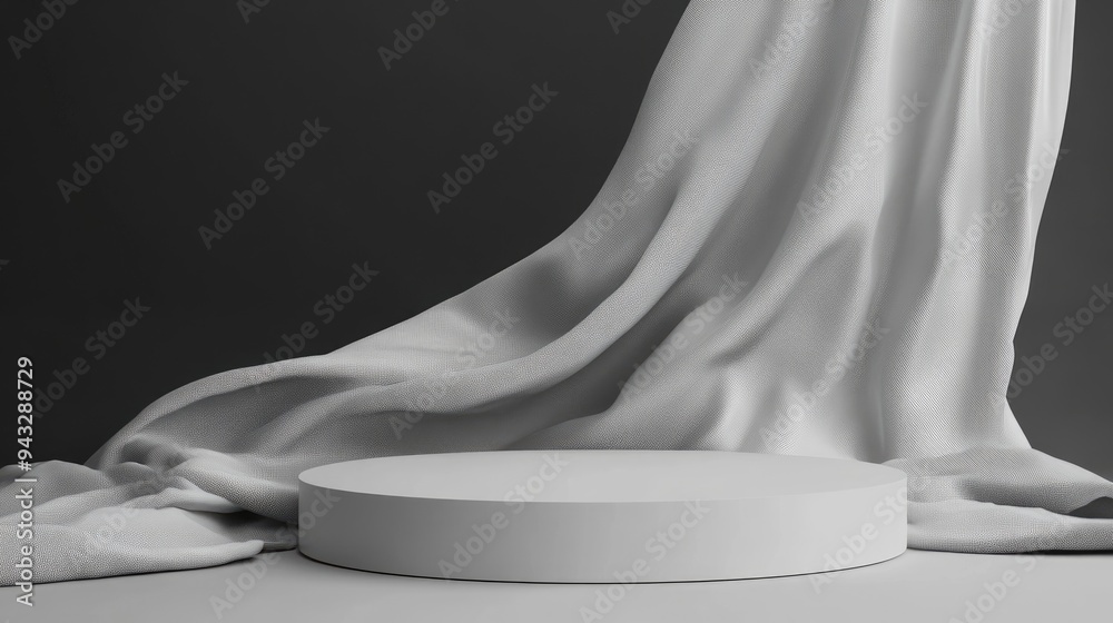 Poster 3D rendering of a minimalistic background featuring a white podium and gray fabric in a grayscale theme