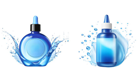 Creative display of vibrant blue cosmetic serum bottles surrounded by dynamic water splashes. Perfect for themes related to skincare, beauty products, and hydration.