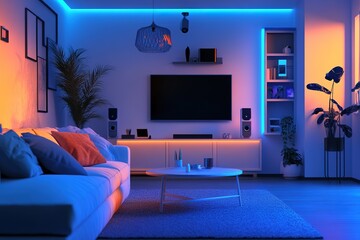 Modern living room illuminated by neon lights at night