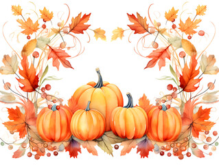 Watercolor illustration Happy Thanksgiving background with pumpkins