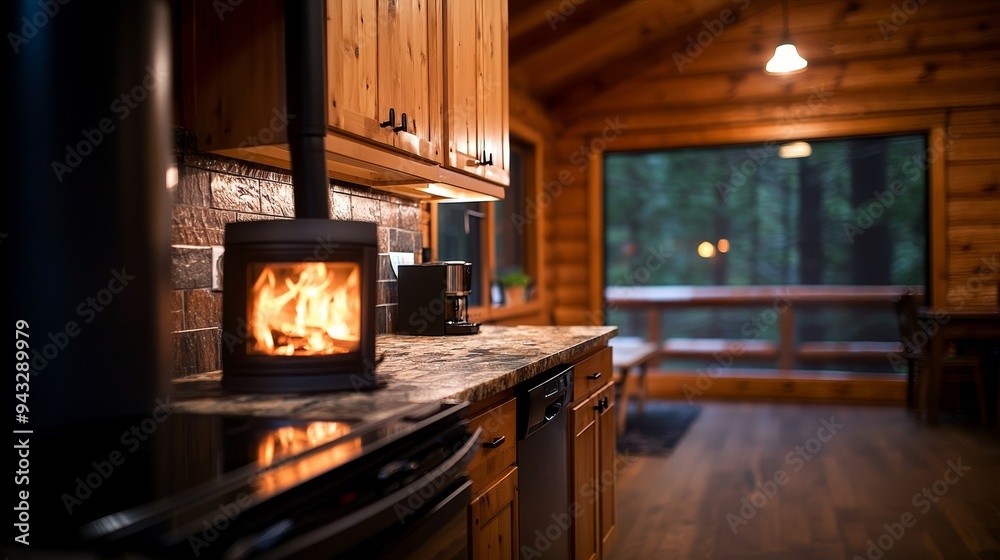 Wall mural A cozy cabin kitchen with wood accents, stone countertops, and a wood-burning stove