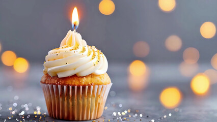 Delicious Tasty Vanilla Cupcake with Beautiful Frosting and birthday candle burning, Perfectly Decorated for Special Occasions, bokeh. Sweet Treat for Dessert Lovers, new stock image illustration AI