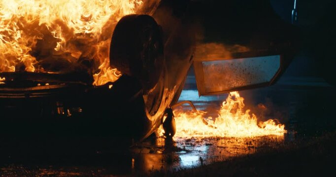 Dramatic Traffic Accident With a Rolled, Burning Compact Vehicle Emitting Thick Smoke. Close Up Footage with Nobody in Sight, Just the Crashed Car on the Road at Night