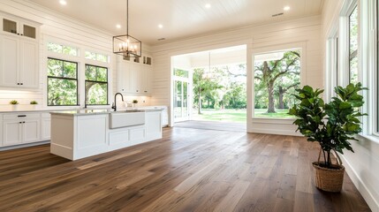 A farmhouse-style kitchen with shiplap walls, an apron-front sink, and a large island