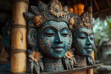 Obraz premium A bamboo hut adorned with ceremonial masks and tribal symbols, representing the cultural heritage of the tribe,