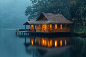 Fototapeta premium A serene scene of a bamboo hut by a lake, with reflections of the house and surrounding trees in the still water,