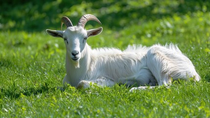 Obraz premium White goat lying on grass,generative AI