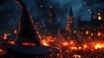 Mysterious Dark Night with Glowing Witch Hat and Enchanted Castle