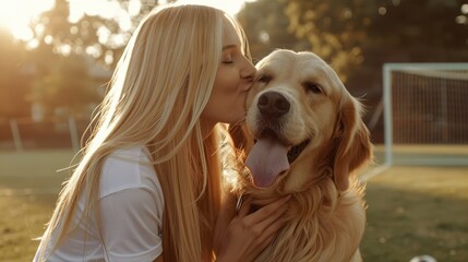 The woman kissing dog