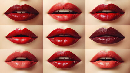 Red Lipstick,  A collection of vibrant lips wearing red lipstick on a light beige background, displaying various expressions and styles