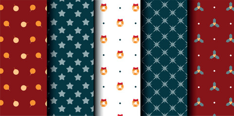 Set of Christmas vector seamless pattern. Merry Christmas and Happy New Year. Christmas symbols background. Vector red and blue seamless illustration
