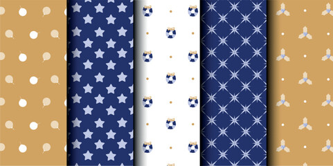 Set of Christmas vector seamless pattern. Merry Christmas and Happy New Year. Christmas symbols background. Vector gold and blue seamless illustration
