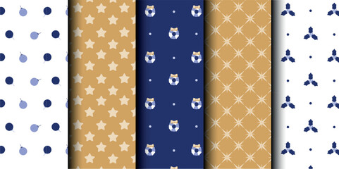 Set of Christmas vector seamless pattern. Merry Christmas and Happy New Year. Christmas symbols background. Vector gold and blue seamless illustration
