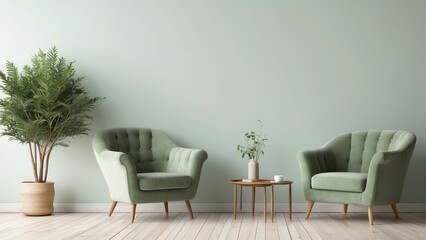 Two Green Armchairs and Coffee Table in a Modern Interior with a Plant