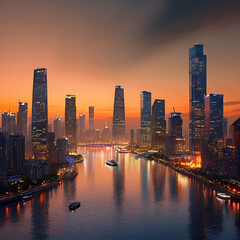 Obraz premium Modern City Skyline at Dusk with Illuminated Skyscrapers and River Reflections