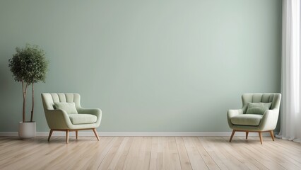 Two Green Armchairs in a Minimalist Living Room with a Green Wall