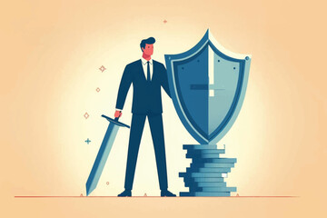 Illustration of a Businessman with sword and shield as symbols ready to protect company data and fight for company progress