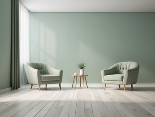 Two Green Armchairs and a Small Wooden Table in a Room with a Green Wall
