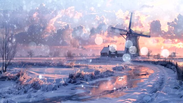 A peaceful winter landscape with traditional windmills and cozy farmhouses next to a river that freezes at sunset. Seamless looping 4k time-lapse animation video background 