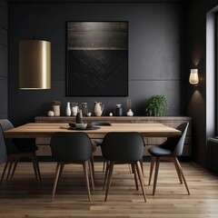 Minimalist Dining Room with Wooden Table and Black Chairs