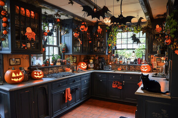 A Halloween kitchen adorned with bat-shaped garlands, ghostly figures hanging from the ceiling, a black cat on the countertop, and jack-o'-lanterns glowing softly, creating a festive and spooky vibe