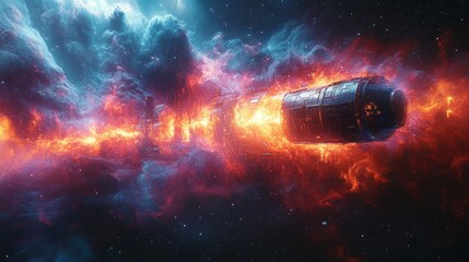 A futuristic spaceship navigates through a stunning nebula, surrounded by fiery colors and cosmic clouds.