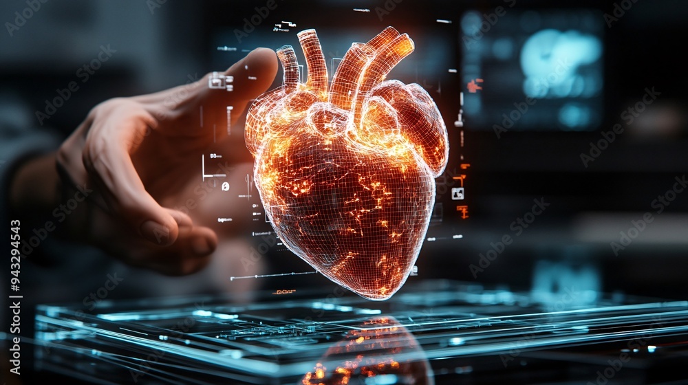 Poster Cardiologist utilizing a 3D heart hologram to plan and execute cardiovascular interventions Stock Photo with copy space
