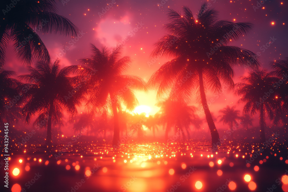 Aufkleber retro wave grid with glowing sunset and palm trees, for a nostalgic digital backdrop,