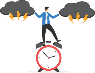 a man in a business suit stands on a pile of clock and disperses dark clouds with his hands,

