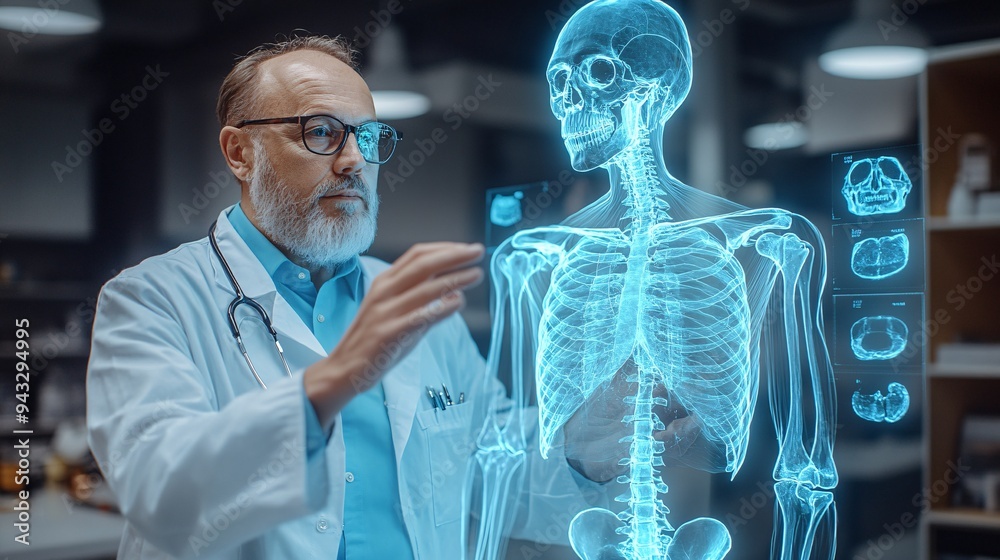 Poster orthopedic specialist analyzing a 3d holographic model of the skeletal system to diagnose fractures 