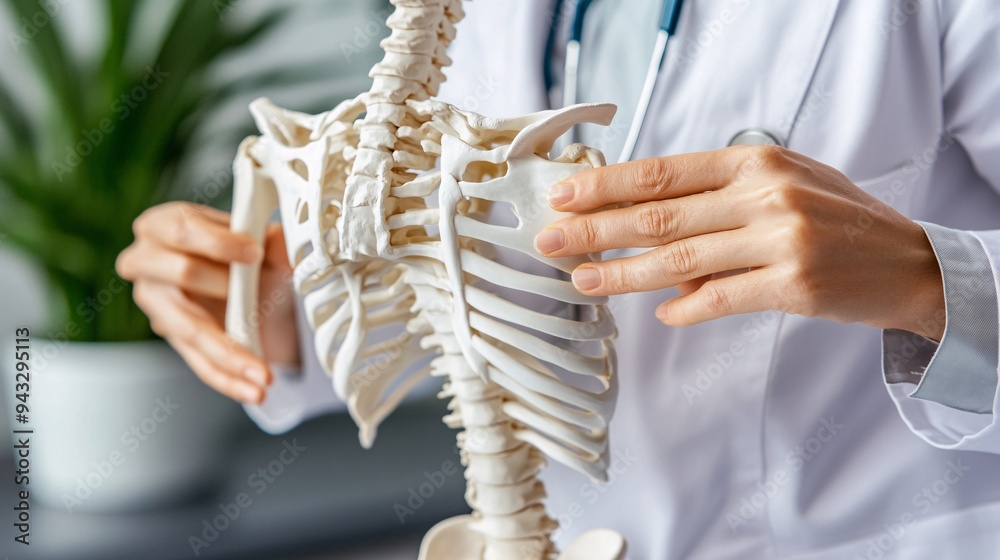 Poster orthopedic specialist analyzing a 3d holographic model of the skeletal system to diagnose fractures 