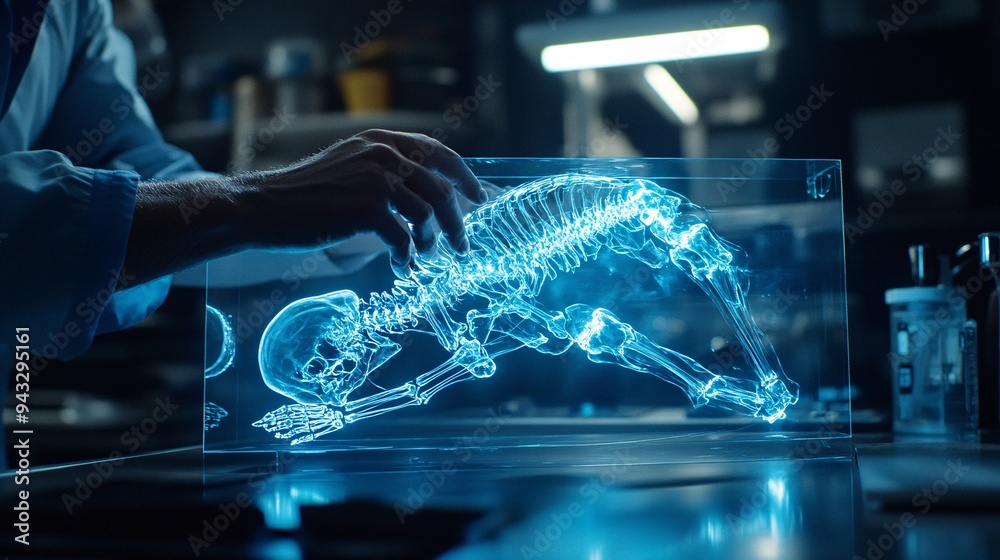 Poster orthopedic specialist analyzing a 3d holographic model of the skeletal system to diagnose fractures 