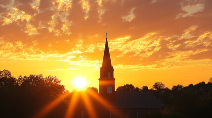 A serene sunrise over a church steeple, evoking peace and tranquility. --ar 16:9 --v 6.1 Job ID: 5f81f90d-2eaf-481f-9323-69f611857ac0