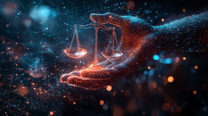 A businessman holds the scales of justice with glowing data, symbolizing law and justice in business