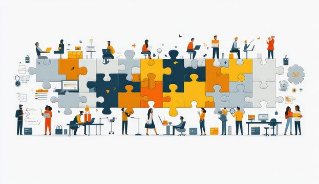 diverse people working together to assemble large puzzle pieces, symbolizing collaboration and the development process in marketing. 