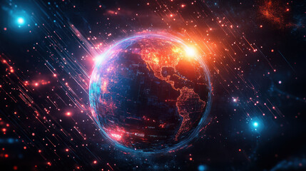 Digital Globe,  A futuristic globe design showcasing a vibrant Earth with glowing lights and visible network connections for global communication