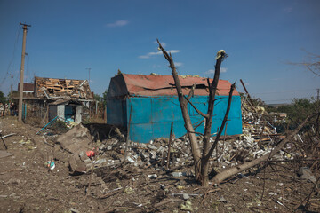 Shelling of civilians. Military aggression. Consequences of the enemy attack on the city of Dnepr. Destroyed residential. Remains of private houses. Consequences of shelling. Russia Ukraine war