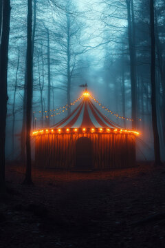 Halloween Circus,  A glowing circus tent stands in a foggy forest, creating an enchanting and mysterious atmosphere, ideal for fantasy and eerie themes