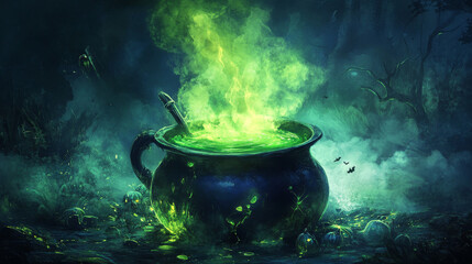 A witch’s cauldron simmering with a glowing green potion, perfect for adding a magical and eerie element to your Halloween-themed projects.