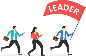 a man in a business suit is running with a big red flag on which white letters are written leader,

