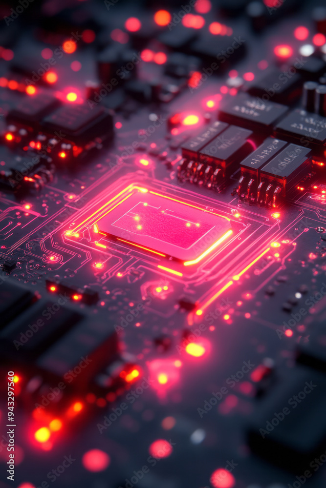 Poster A futuristic circuit board with glowing pathways and nodes, for tech-themed digital art,