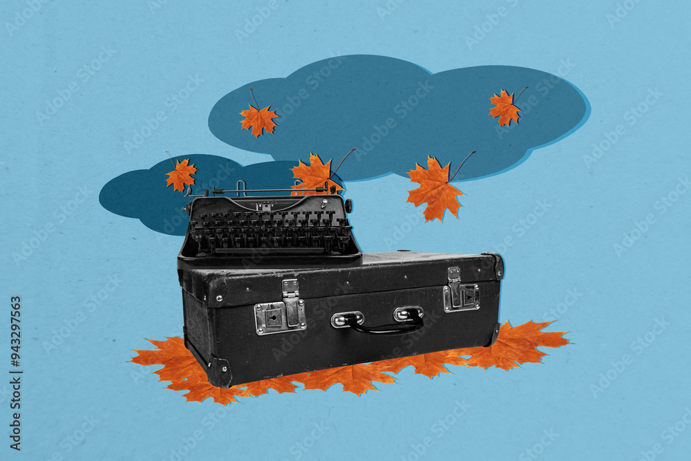 Fototapete composite photo collage of vintage typewriter machine maple leaves autumn fall valise retro typescri
