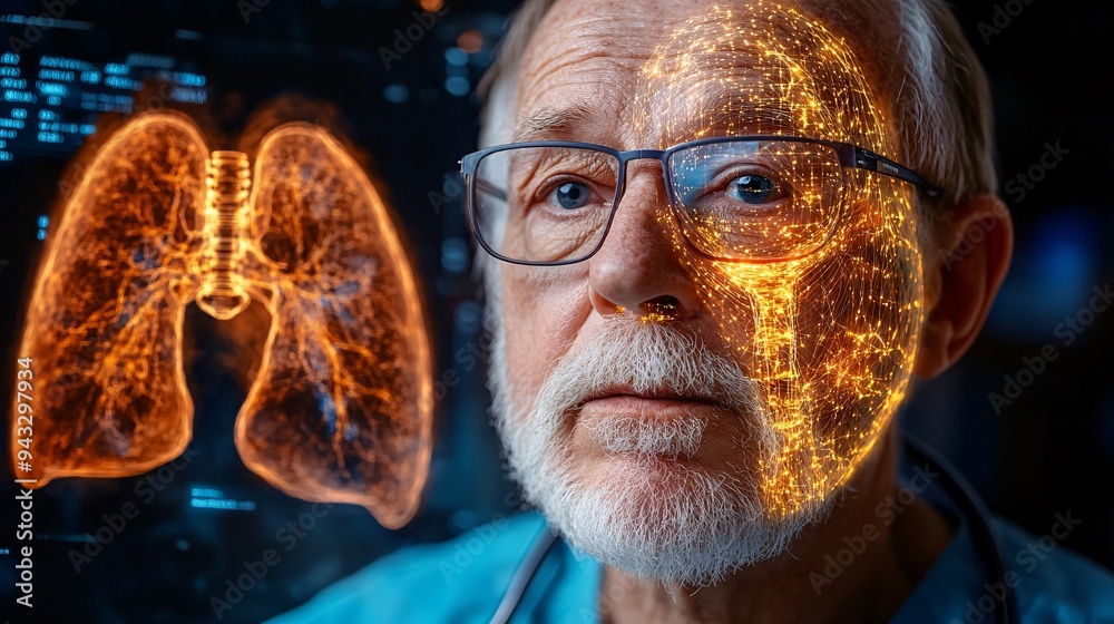Poster pulmonologist conducting a detailed lung examination using a 3d hologram for accurate diagnosis stoc