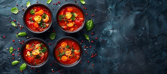 Four Bowls of Rich Tomato Soup with Shrimp, Greens, and Spices on Grunge Blue Background, Top View